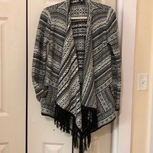 Drape front casual sweater; worn as warm layer